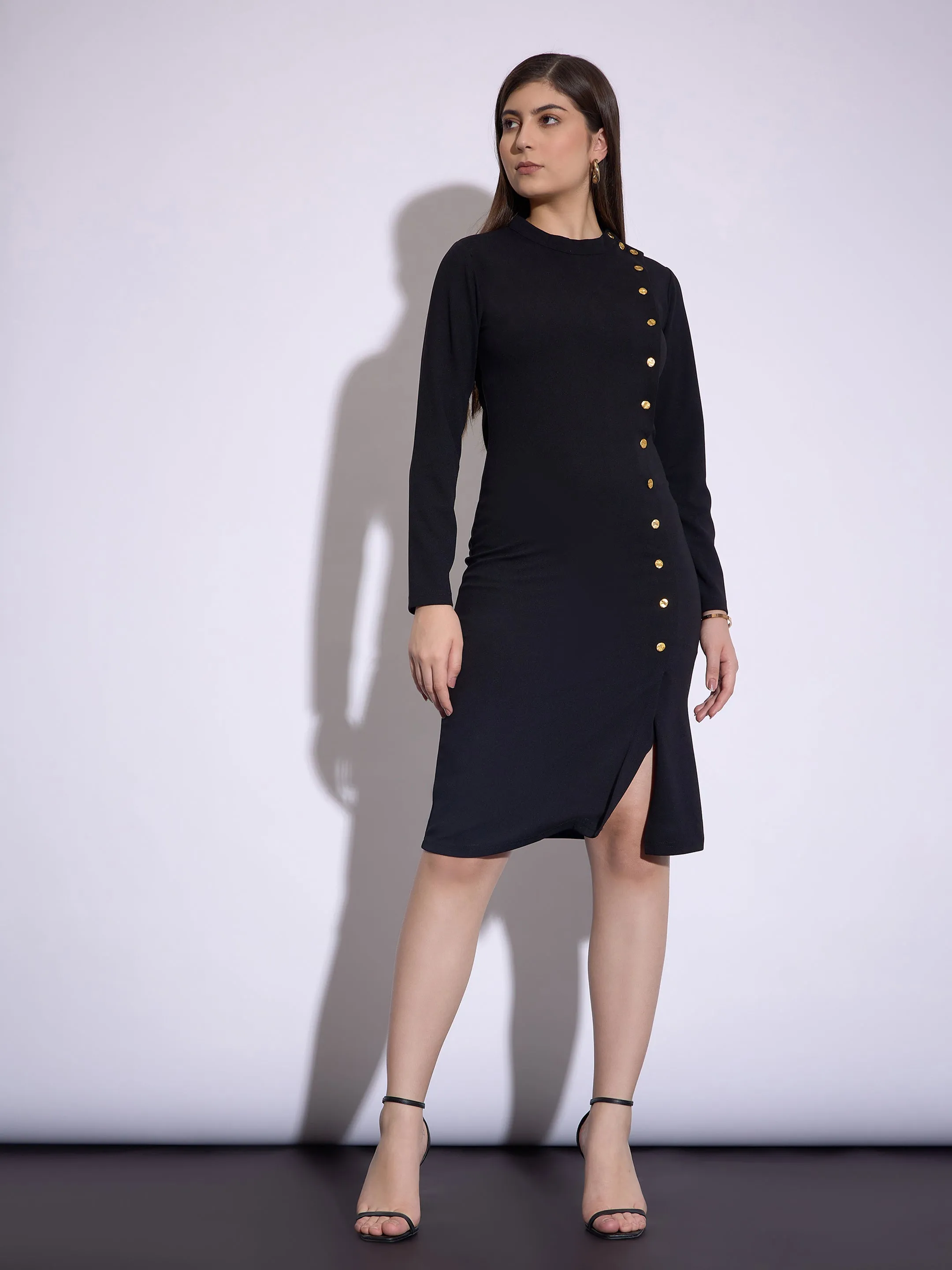 Women Black Front Button Bodycon Midi Dress