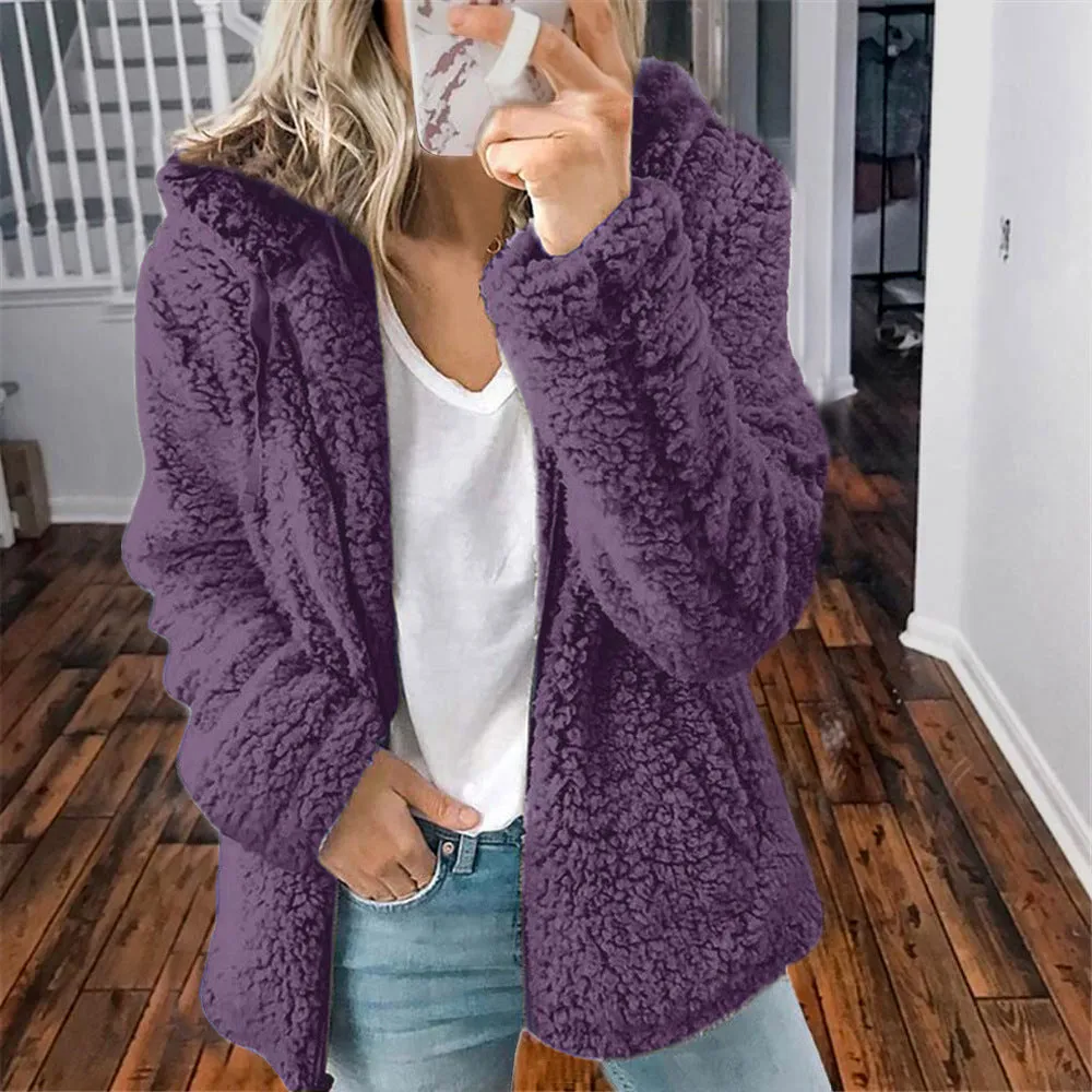 Women Faux Fur Teddy Bear Hoodie Coat Zip Up