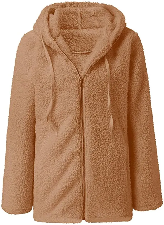 Women Faux Fur Teddy Bear Hoodie Coat Zip Up