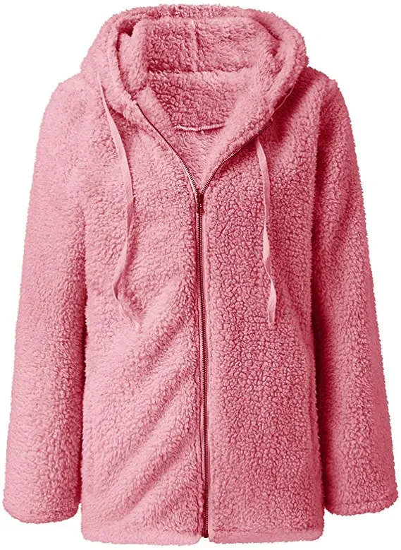 Women Faux Fur Teddy Bear Hoodie Coat Zip Up