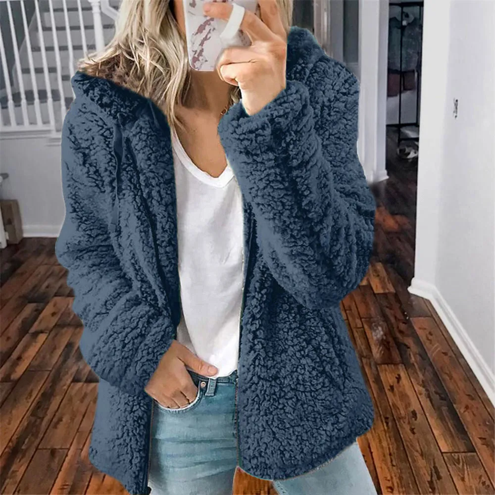 Women Faux Fur Teddy Bear Hoodie Coat Zip Up