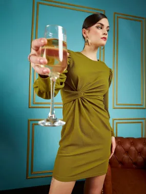 Women Olive Glitter Puff Sleeves Short Bodycon Dress