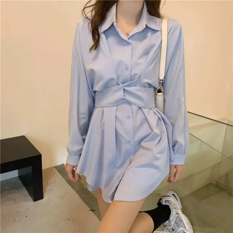 Women One Piece White Shirt Dress Office Ladies Elegant Tunic Blouse Dress - WD8098