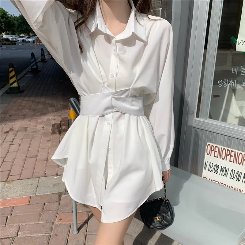 Women One Piece White Shirt Dress Office Ladies Elegant Tunic Blouse Dress - WD8098