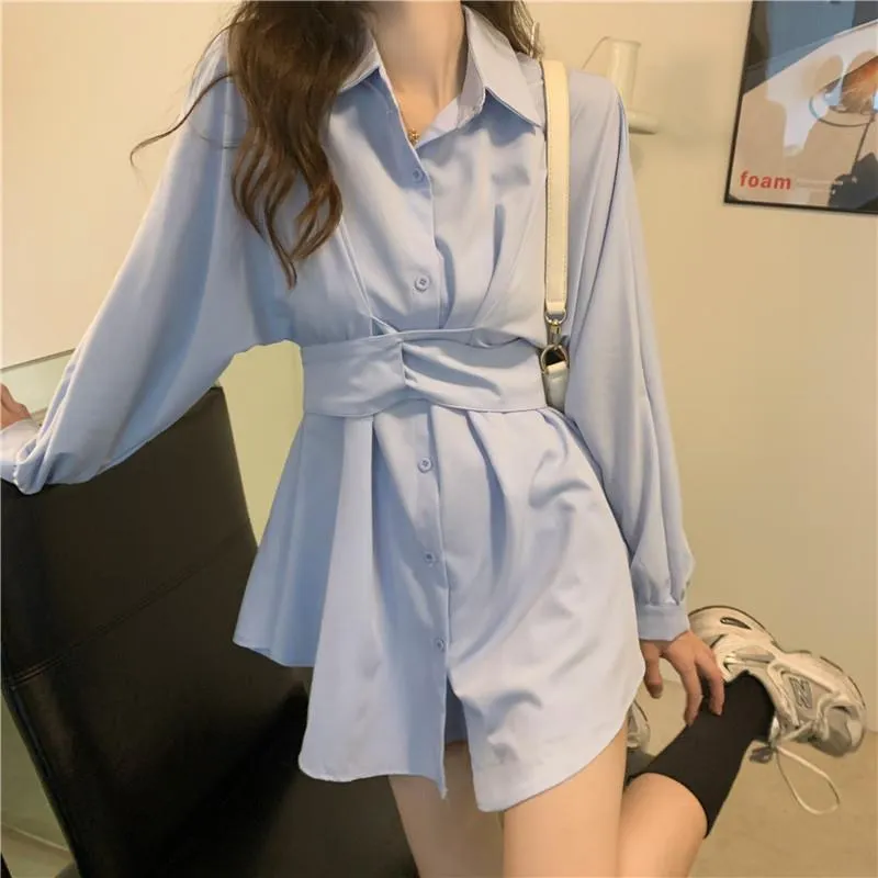 Women One Piece White Shirt Dress Office Ladies Elegant Tunic Blouse Dress - WD8098