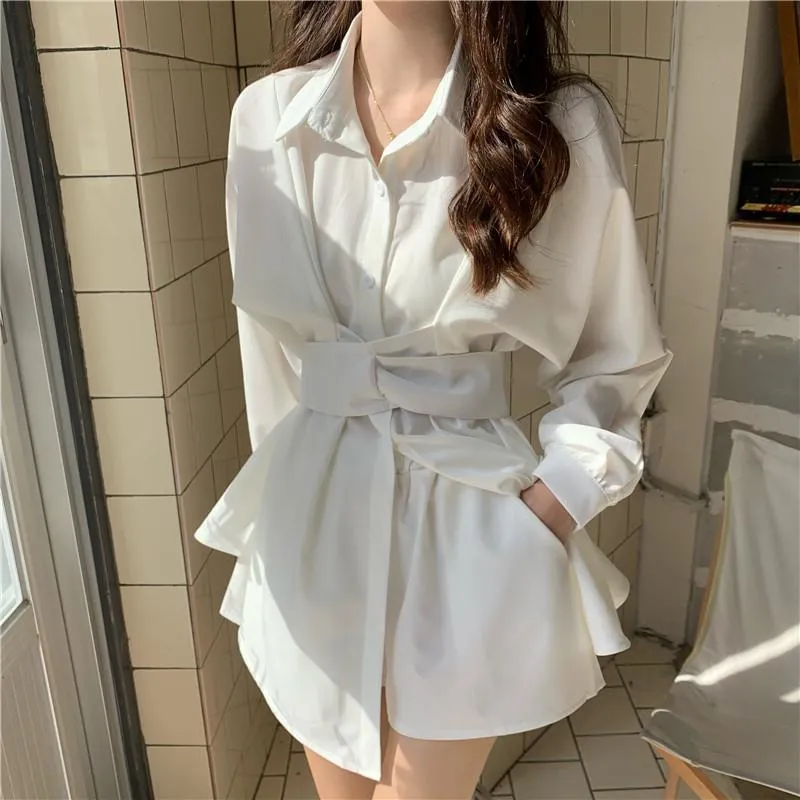 Women One Piece White Shirt Dress Office Ladies Elegant Tunic Blouse Dress - WD8098