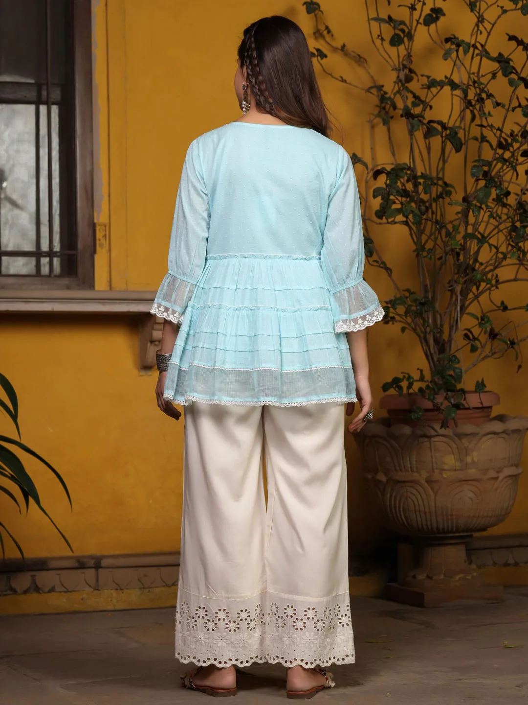 Women Sky Blue Cotton Dobby  Tunic