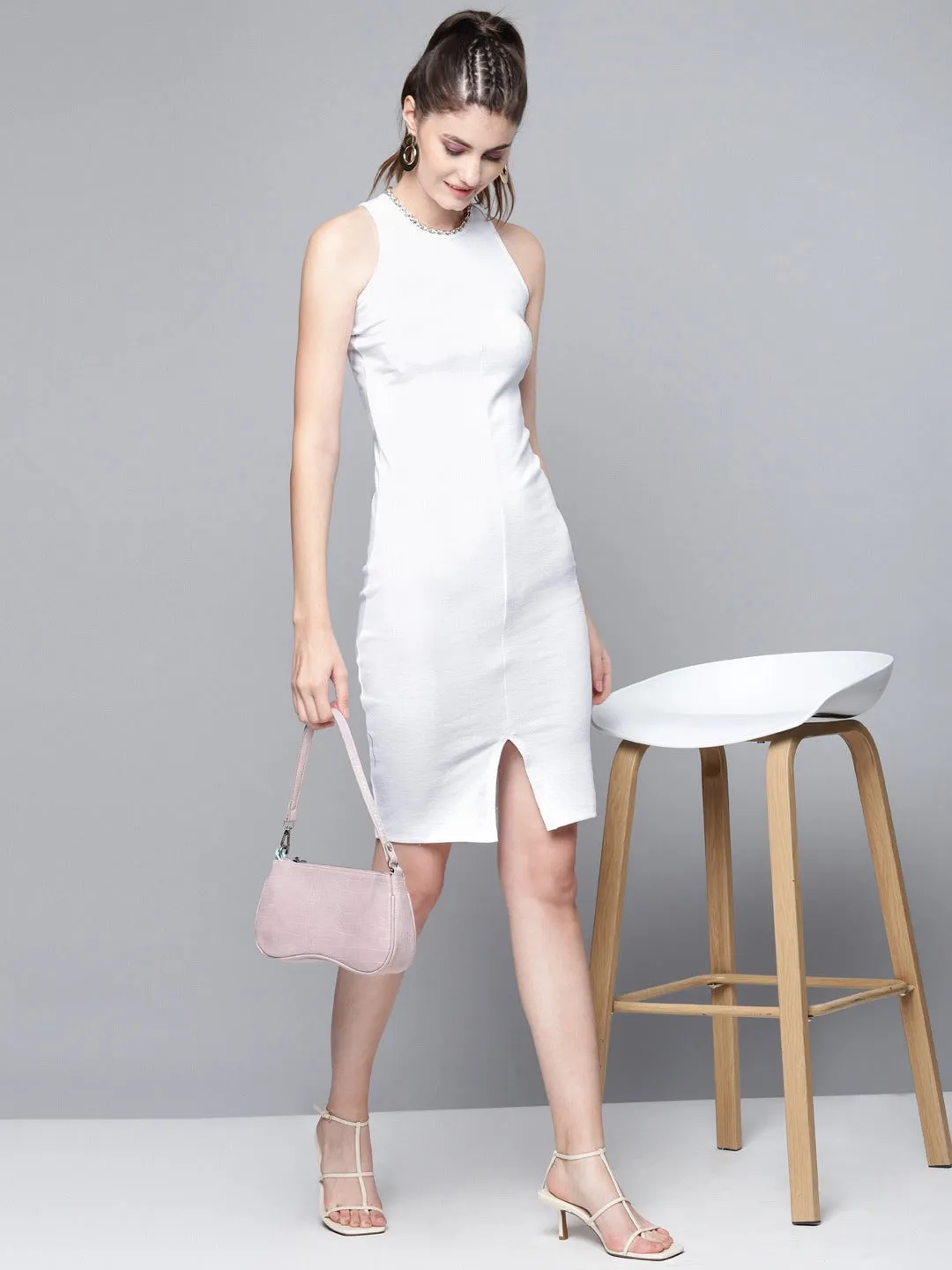 Women White Box Back Bodycon Rib Midi Dress