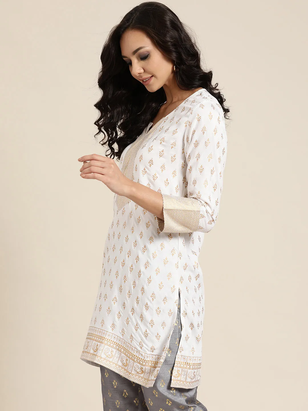 Women White Foil Print Liva Tunic