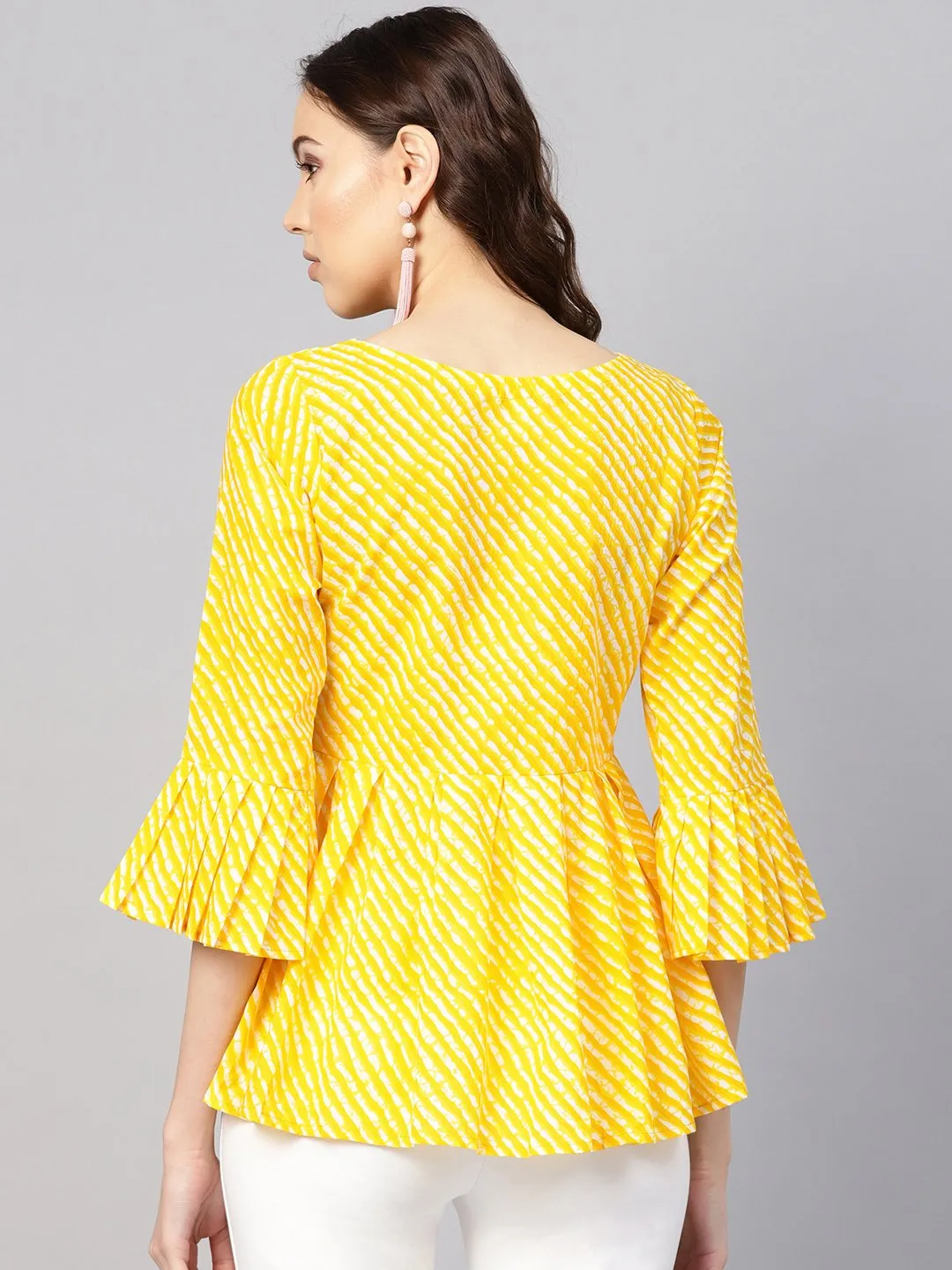 Women Yellow & Off-White Leheriya Print Tunic