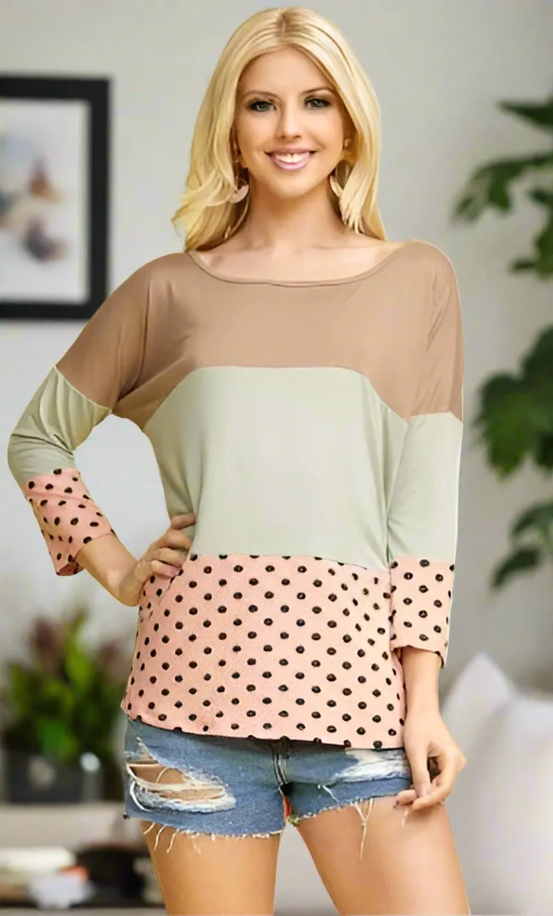 Womens Color Block Striped Shirt, Black White Dot Top, Sizes S/M/L/XL, Tan/Pink/Green