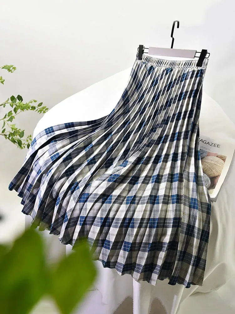 Women's Elegant Plaid Pattern Midi Skirt Top Quality Korean Vintage High Waist Pleated A-Line Skirts Spring Autumn C-091