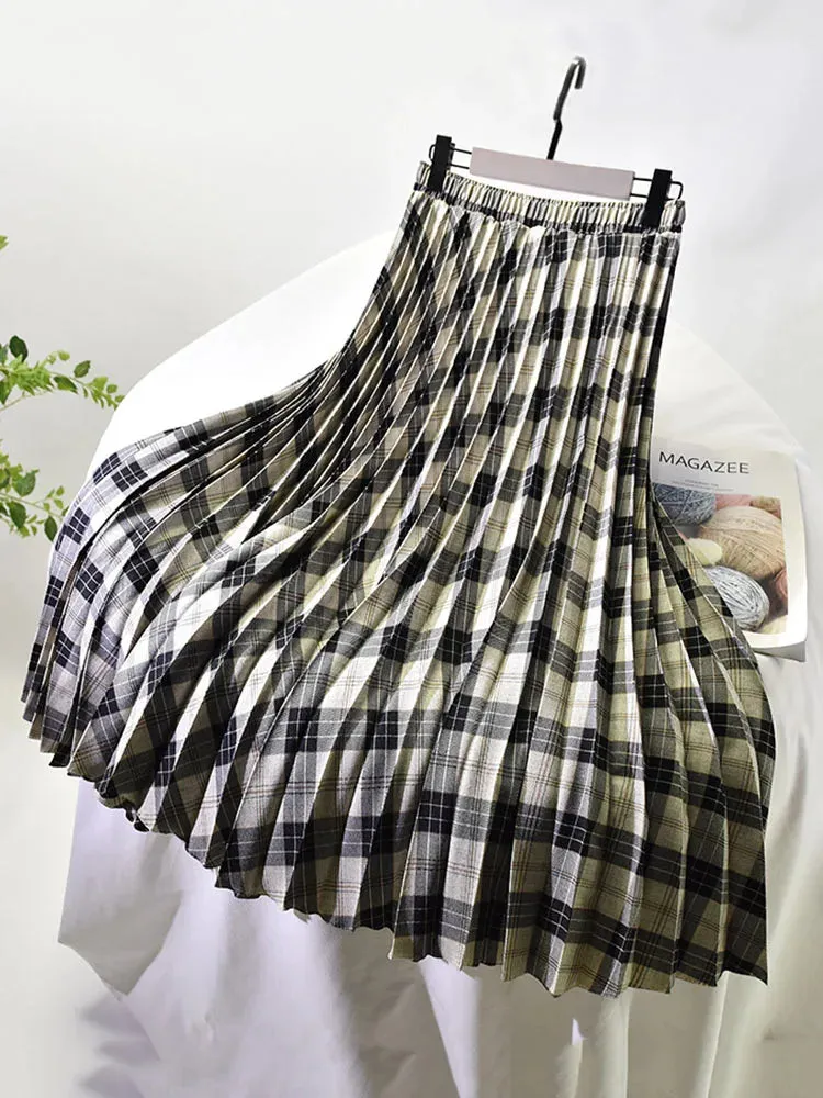 Women's Elegant Plaid Pattern Midi Skirt Top Quality Korean Vintage High Waist Pleated A-Line Skirts Spring Autumn C-091