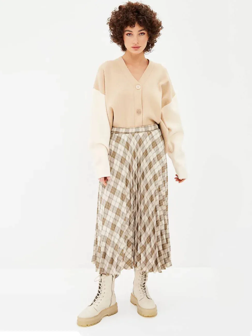 Women's Elegant Plaid Pattern Midi Skirt Top Quality Korean Vintage High Waist Pleated A-Line Skirts Spring Autumn C-091