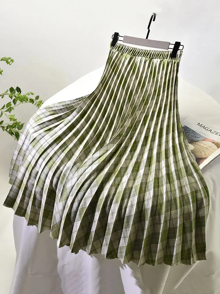 Women's Elegant Plaid Pattern Midi Skirt Top Quality Korean Vintage High Waist Pleated A-Line Skirts Spring Autumn C-091