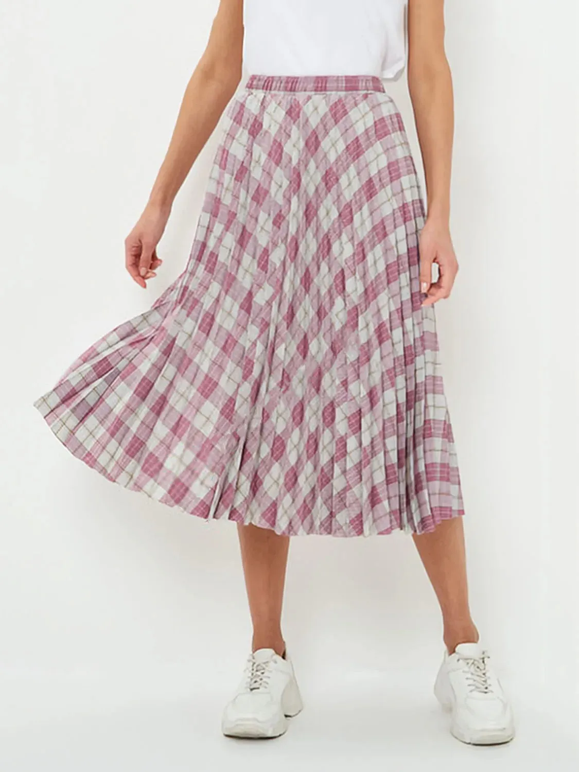 Women's Elegant Plaid Pattern Midi Skirt Top Quality Korean Vintage High Waist Pleated A-Line Skirts Spring Autumn C-091