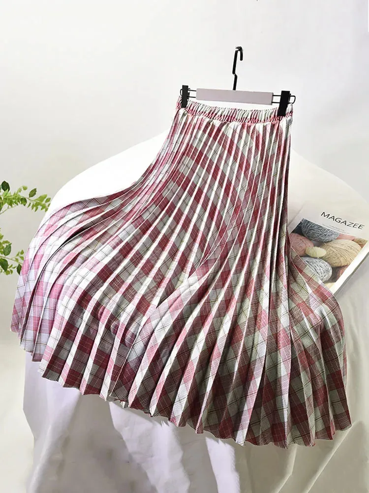 Women's Elegant Plaid Pattern Midi Skirt Top Quality Korean Vintage High Waist Pleated A-Line Skirts Spring Autumn C-091