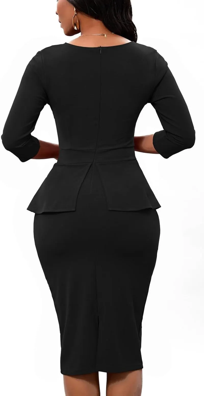 Women'S Peplum Church Dresses Bodycon 3/4 Sleeve Wear to Work Office Sheath Dress