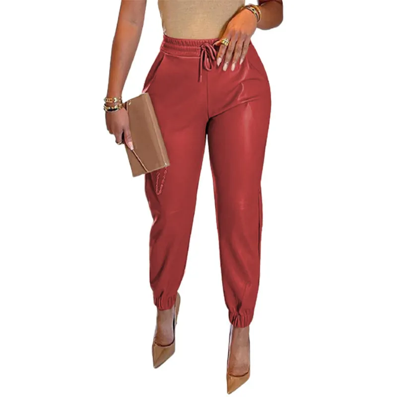 Women's Solid Color Faux Leather Drawstring Pants