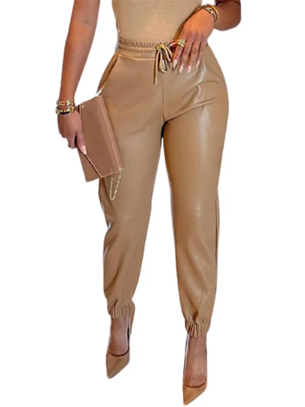 Women's Solid Color Faux Leather Drawstring Pants