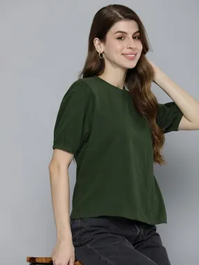 Women's Textured Green Tie Neck Top