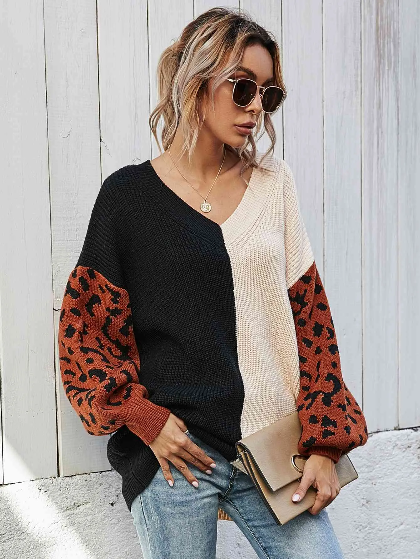 Woven Right Leopard Color Block V-Neck Tunic Pullover Sweater