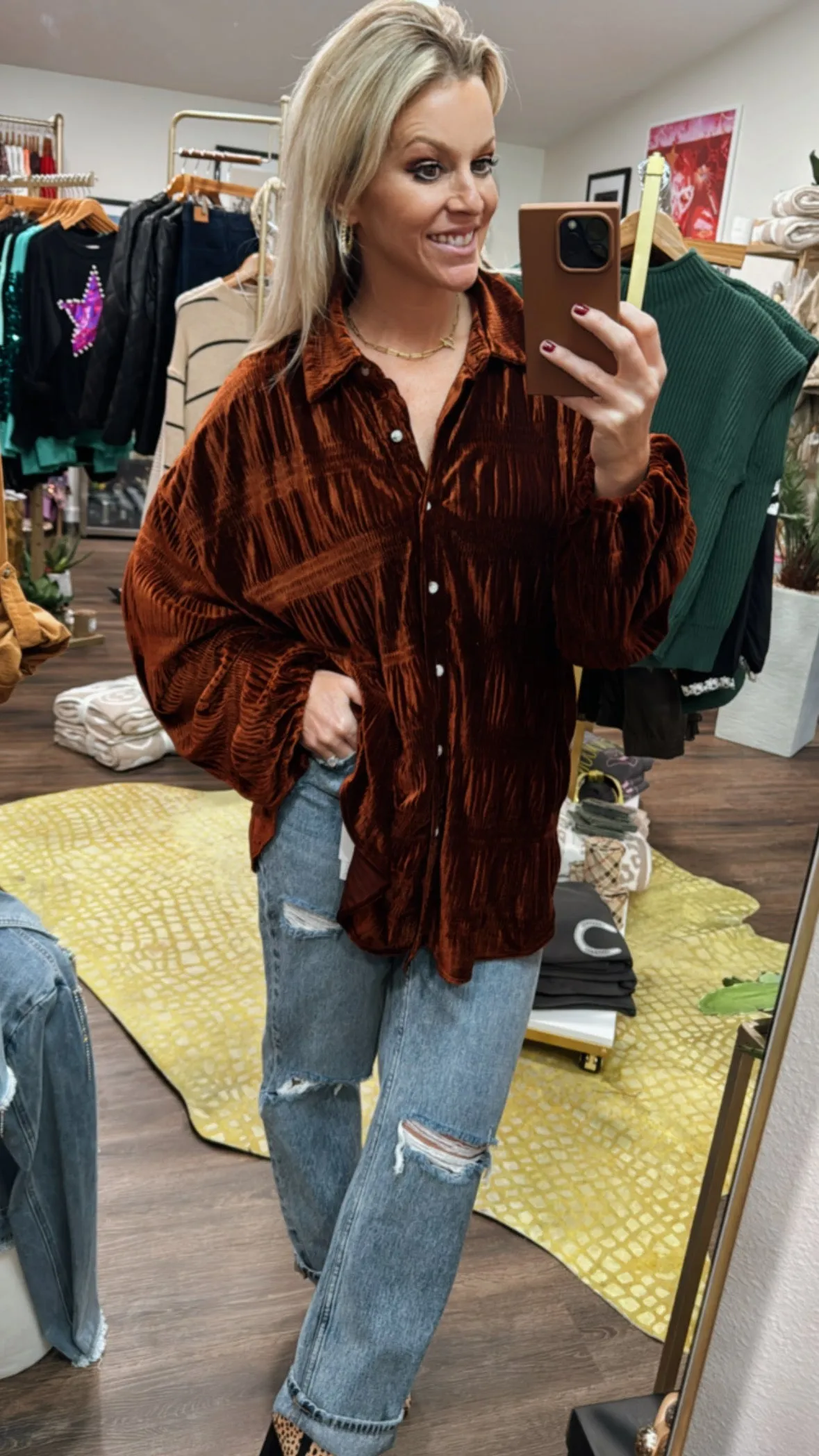 Wrinkle Effect Tiered Velvet Shirt in Burnt Cinnamon