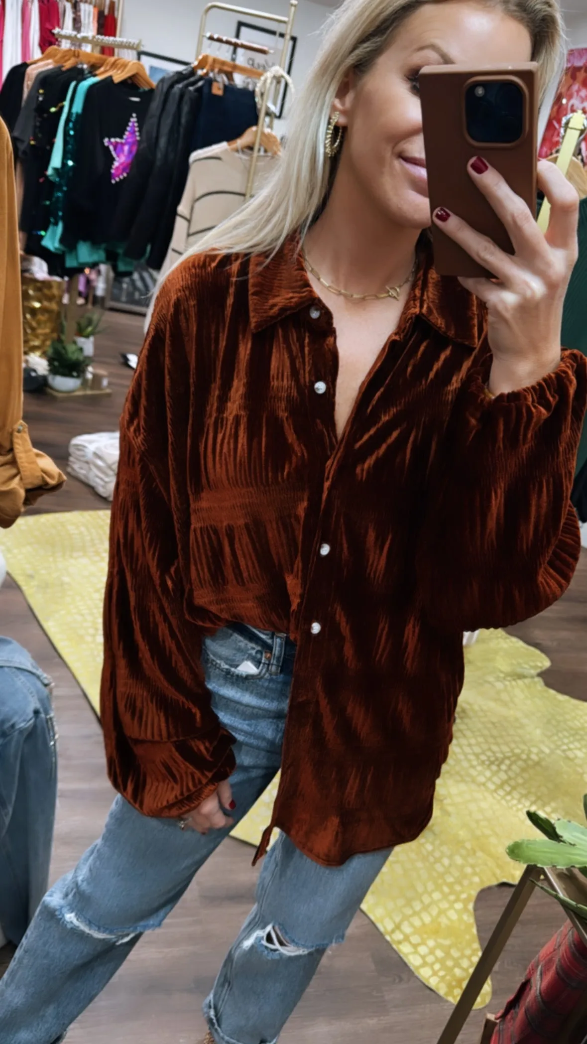 Wrinkle Effect Tiered Velvet Shirt in Burnt Cinnamon