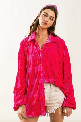 Wrinkle Effect Tiered Velvet Shirt in Hot Pink