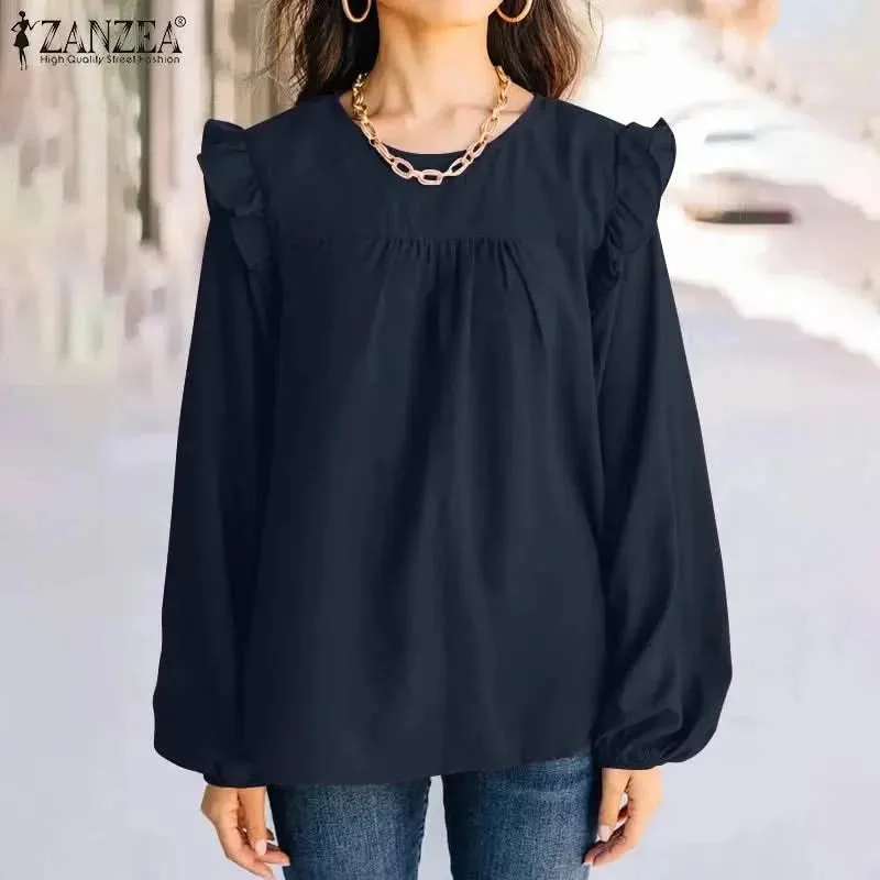 ZANZEA Women Ruffles Trim Tunic Tops